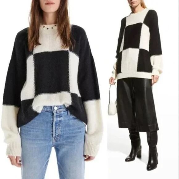 *NEW MOTHER Black & White Check Color Block Sweater - Picture 1 of 7